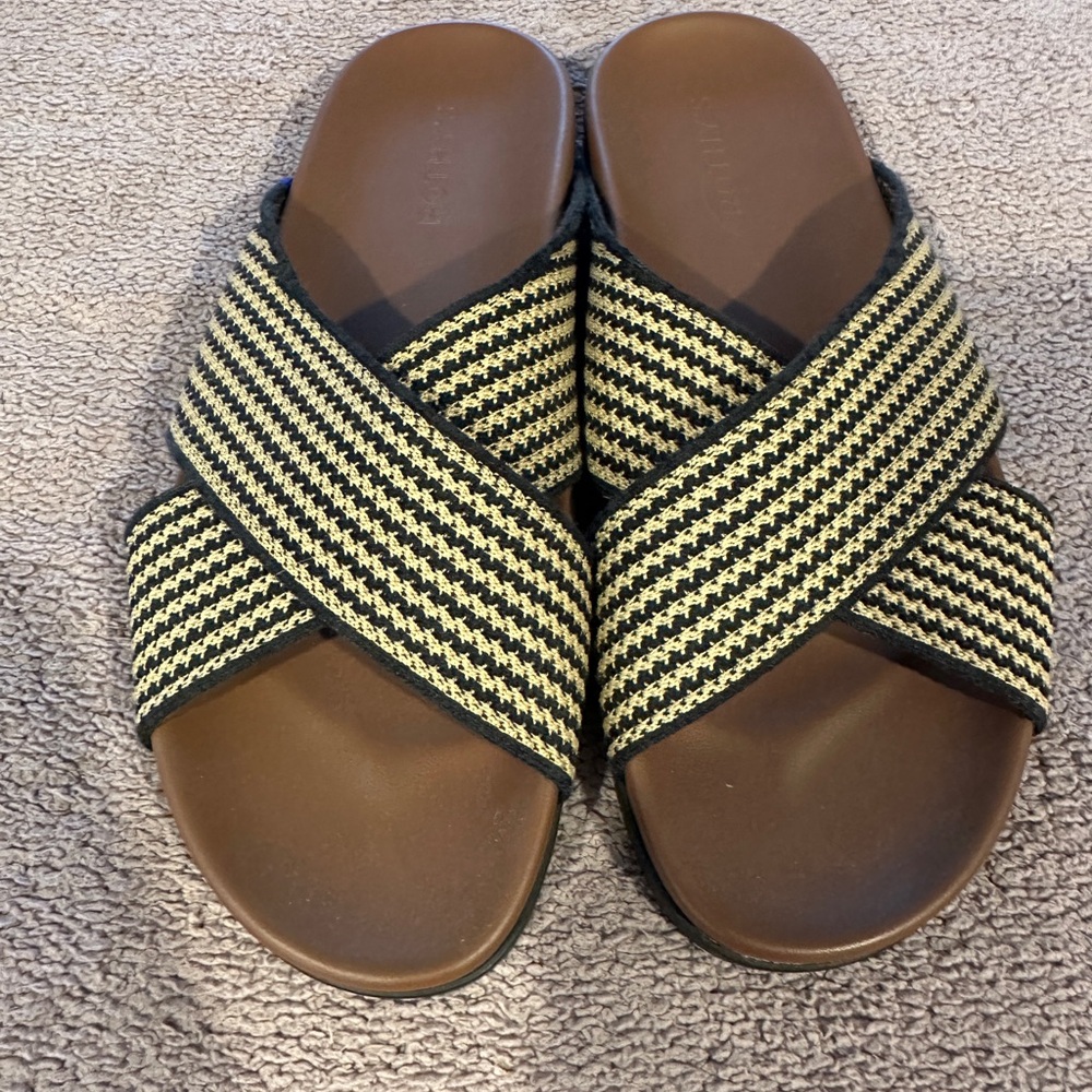 Rothy's Black and Tan Striped Sandals